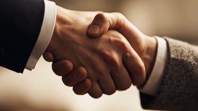 Two men in business attire engage in a firm handshake, symbolizing agreement and partnership in a professional setting.