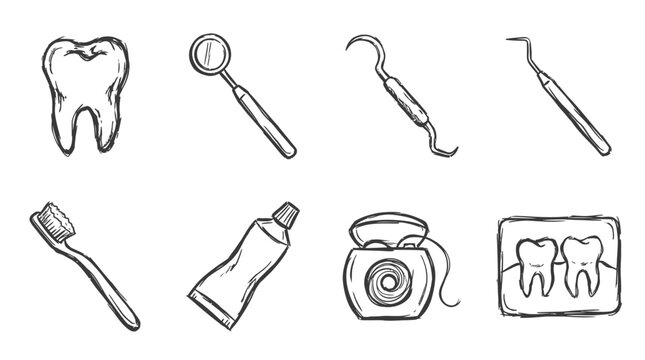 Dental Care Icons: Toothbrush, Toothpaste, Floss, Mirror, Explorer, X-ray