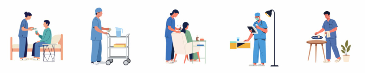Fototapeta premium Set of flat illustrations of healthcare professionals giving medicine and providing medical care to patients in a hospital or clinic environment.