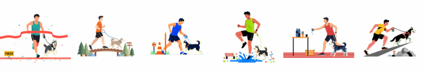 Flat vector illustration set of a man and his dog participating in canicross activities like racing, trail running, navigating obstacles, and hydrating. © Mairiko