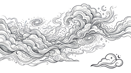 Fototapeta premium Whimsical Hand-Drawn Clouds and Stars - Black and White Illustration