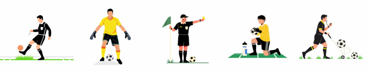 Collection of soccer referee and goalkeeper characters in various action poses and roles on white background. © Mairiko