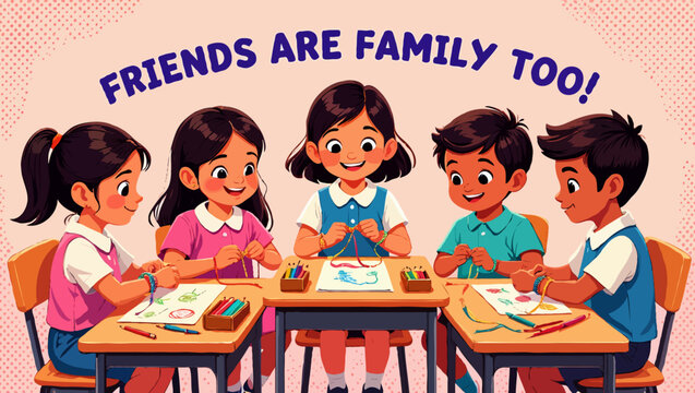 Group children drawing together at a table, friends are family too