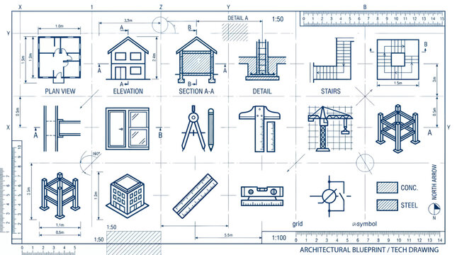 Architectural Blueprint and Technical Drawing Icons Set