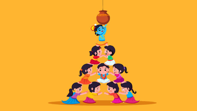 Children forming human pyramid to break dahi handi pot during janmashtami