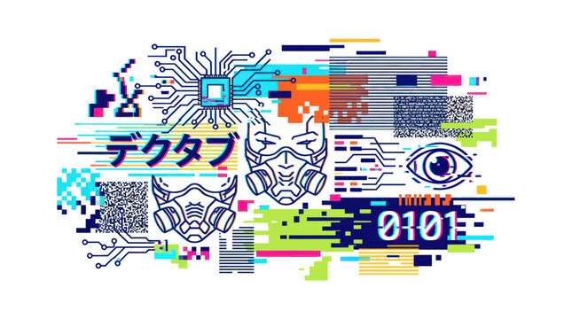 Cyberpunk Glitch Art: Futuristic Masks, Circuitry, QR Codes, and Binary