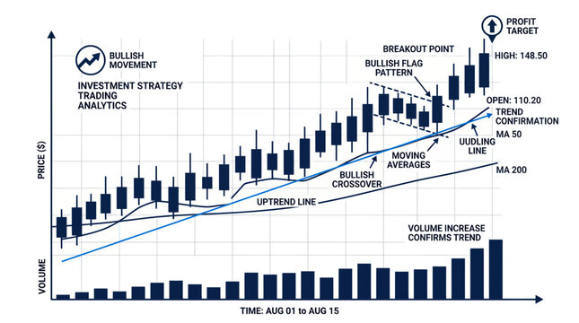 Stock Market Candlestick Chart: Bullish Trend, Trading Strategy Analytics, Profit Target