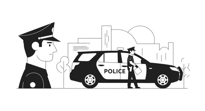 Police officer standing beside vehicle.