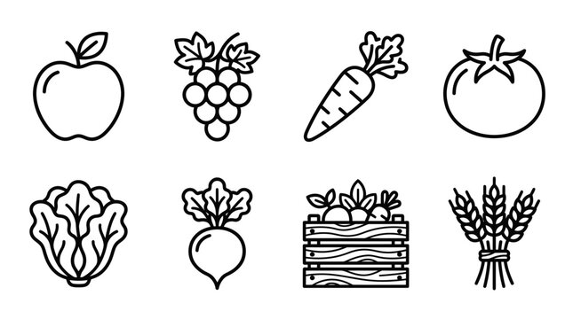 Fresh Produce Icons: Apple, Grapes, Carrot, Tomato, Lettuce, Beet, Crate, Wheat