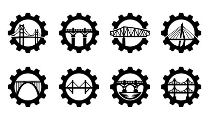 Obraz premium Bridge Icons Set, Industrial Gear Design, Engineering Concepts, Vector Art