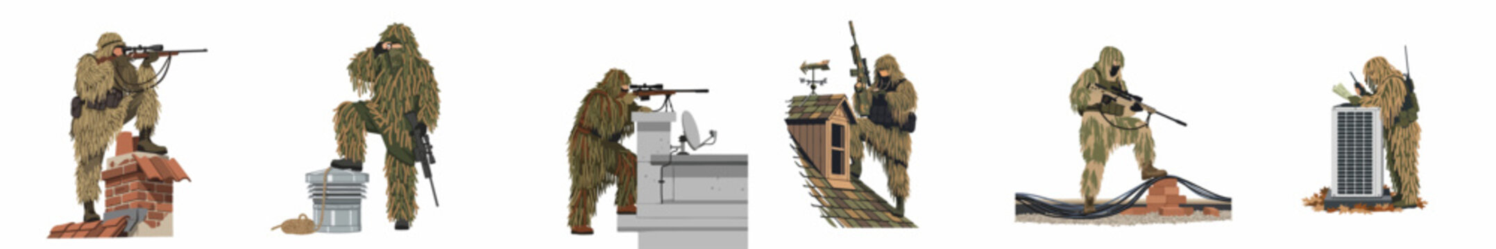 Vector Illustration Set of Military Snipers in Ghillie Suits Positioned on Urban Rooftops with Precision Rifles for Stealth Operations
