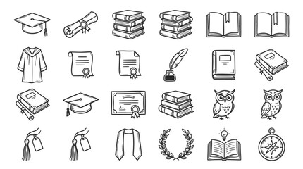 Education and Graduation Icons Set: Books, Caps, Diplomas, Owls, Laurel Wreath © Labib