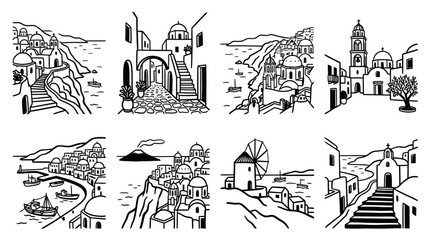 Obraz premium Greek Islands Village Sketch Collection - Mediterranean Architecture & Seaside Views