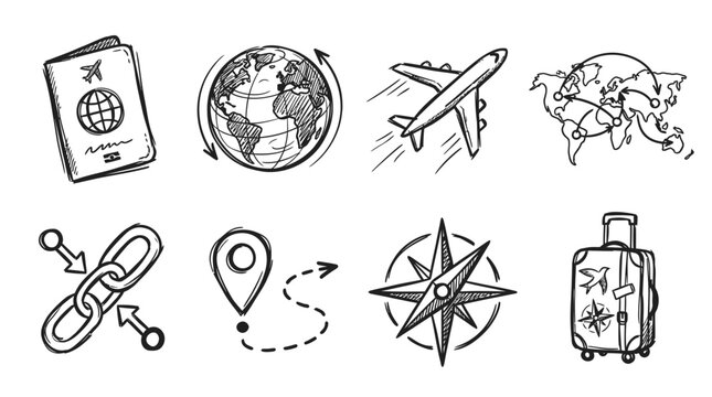 Travel Icons: Passport, Globe, Airplane, Map, Luggage, Compass, Location