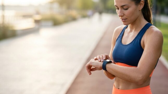 Athletic woman checking her smartwatch while running on a paved path during a golden hour workout.