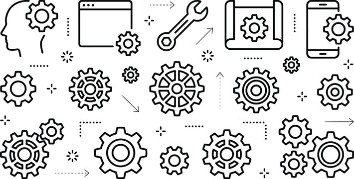 Mechanical engineering process and software development icons set with cogs wrench blueprint and gears vector design
