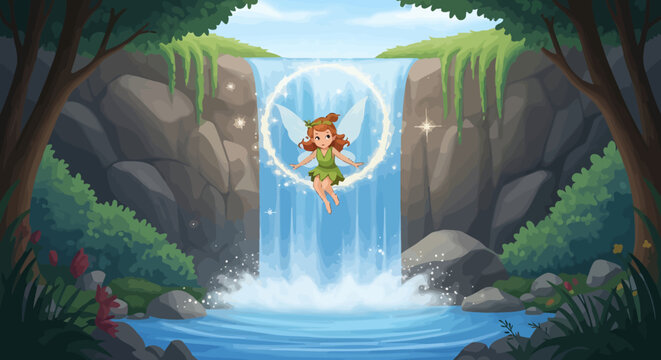 Tinkerbell Flying Over Waterfall.