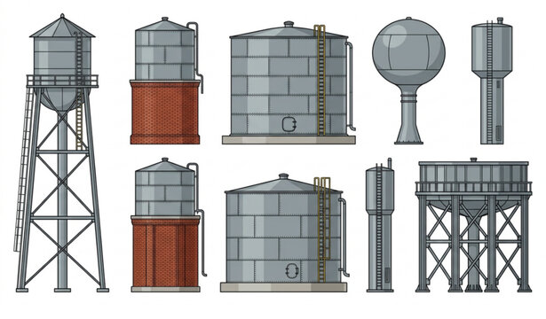 Industrial Water Towers Set Red Brick and Steel Storage Tank Vector Collection