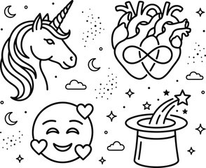Obraz premium Magic fantasy and emotional love icons set with unicorn heart infinity symbol and magician hat vector design