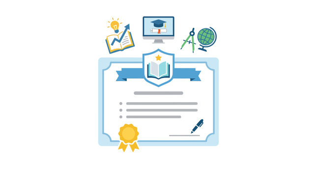 Academic certificate surrounded by education and learning icons.