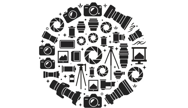 A collection of photography equipment and icons arranged in a circular pattern on a white background with cameras and lenses.