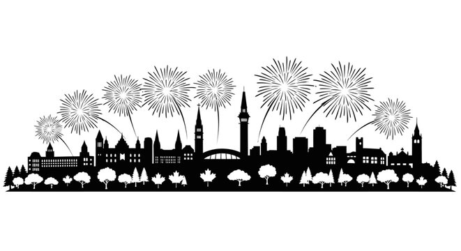 Fireworks explode over London cityscape at night with trees and buildings