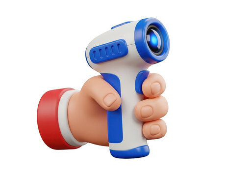 3d icon of hand holding a white and blue infrared thermometer isolated on transparent background