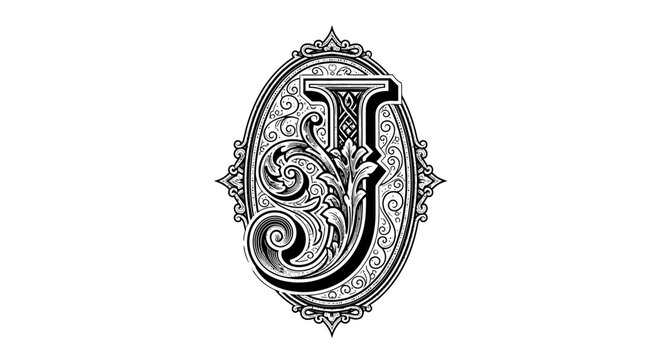 Elegant ornamental letter j with floral details and ornate frame design