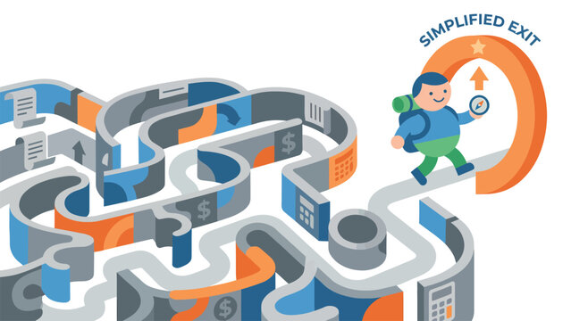 Man with backpack navigating a complex maze made of money towards a simplified exit.