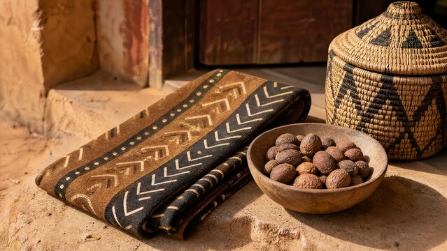 Mud cloth fabric with shea nuts and woven basket, West African craft and natural decor. event programs, museum guides, designed for cultural heritage projects and event programs.