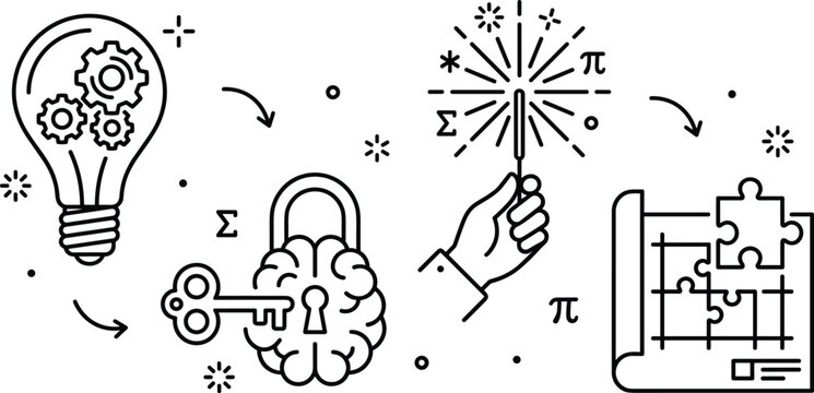 Creative thinking problem solving icons set with lightbulb brain lock and puzzle blueprint vector design