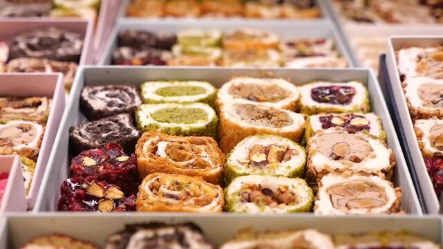 turkish delight displayed in a bakery shop on a sunny day