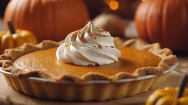 Smooth rotating shot of pumpkin pie with whipped cream swirl, autumn cozy vibe, soft warm lighting
