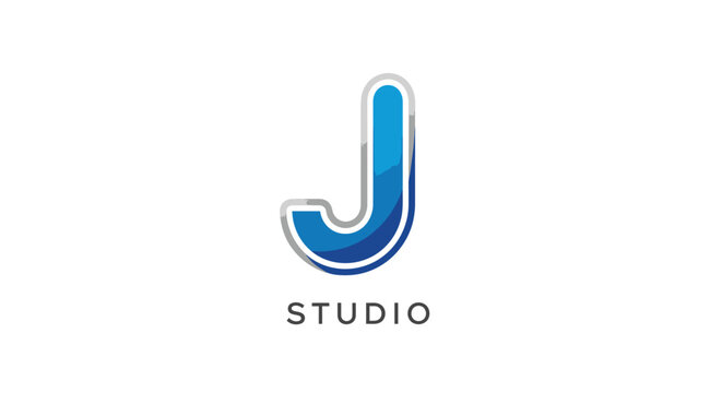 Modern studio logo design with letter j in blue and silver