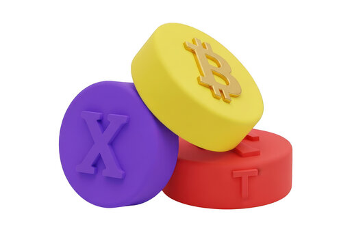3d icon of three colorful cryptocurrency coins with bitcoin, ethereum, and xrp symbols isolated on transparent background
