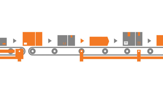 Automated conveyor belt system moving cardboard boxes in warehouse.