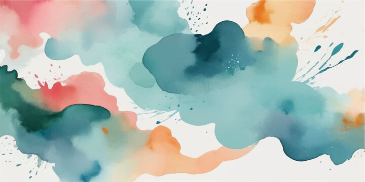Abstract watercolor background with hand painted paint splashes, blue cloud texture, ink wash art and colorful grunge paper design background