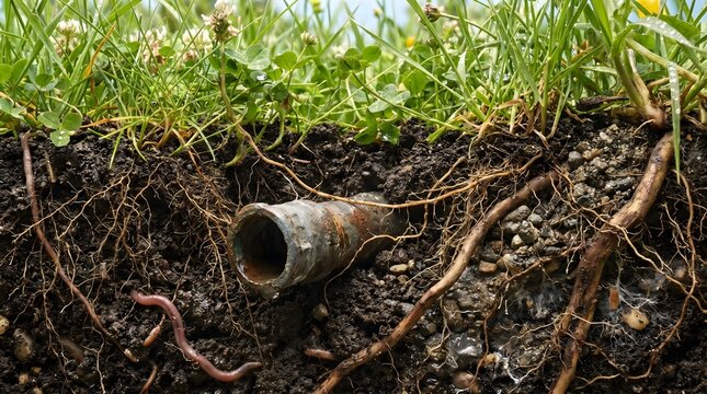 Cross section of underground soil with buried drainage pipe, plant roots, and earthworm