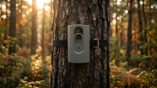 Wildlife Trail Camera Mounted on a Tree Trunk in a Forest