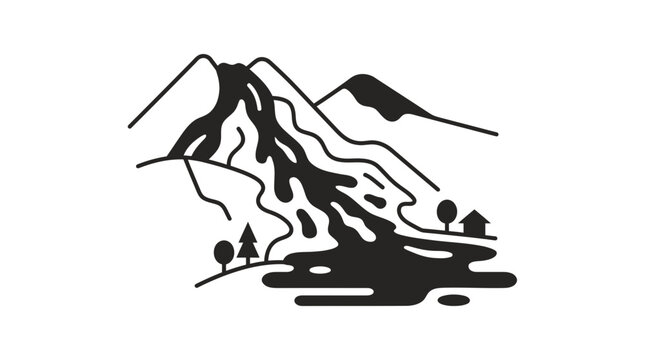 Black and white illustration of volcanic lahar mudflow descent.