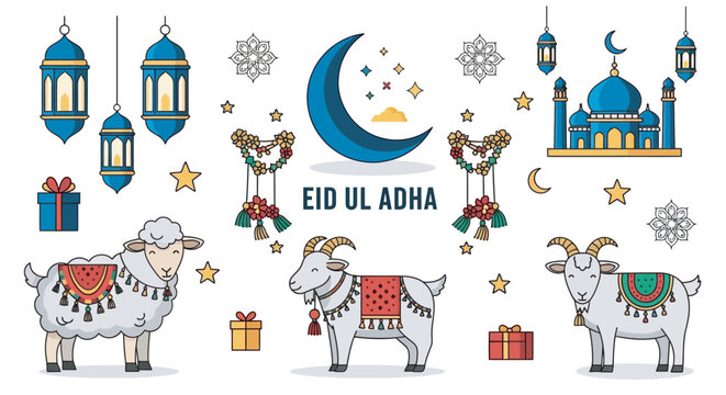 Eid Ul Adha Islamic festival vector set, sacrificial goat and sheep with mosque and lanterns, religious holiday celebration elements for greeting cards