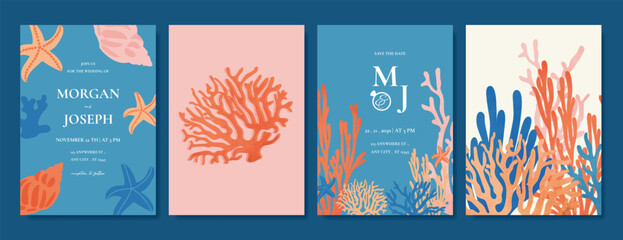 abstract colorful coral reef ocean drawing with see animal Card set design for wedding invitation card, happy birthday , summer ads. © babeer