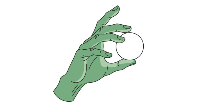 Green hand holding small white ball.
