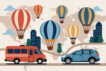 Naklejka premium Colorful hot air balloons float over a world map alongside a bus, a car, trees, and city buildings for travel themes.