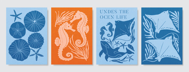 abstract colorful coral reef ocean drawing with see animal Card set design for wedding invitation card, happy birthday , summer ads. © babeer