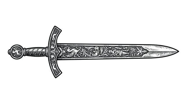 Ornate medieval sword with decorative hilt engraving.