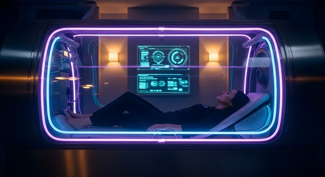 Woman Resting Inside a Futuristic Neon Illuminated Cryogenic Sleep Pod
