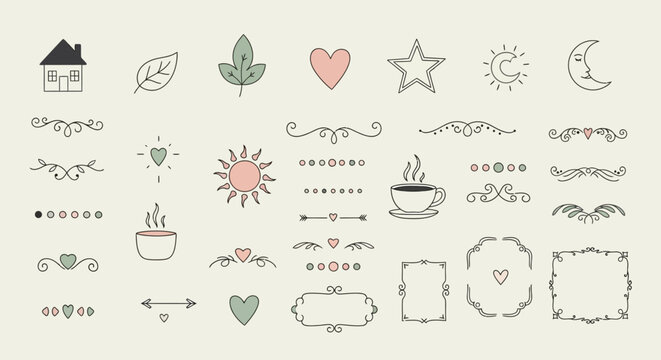 Various decorative icons and symbols.