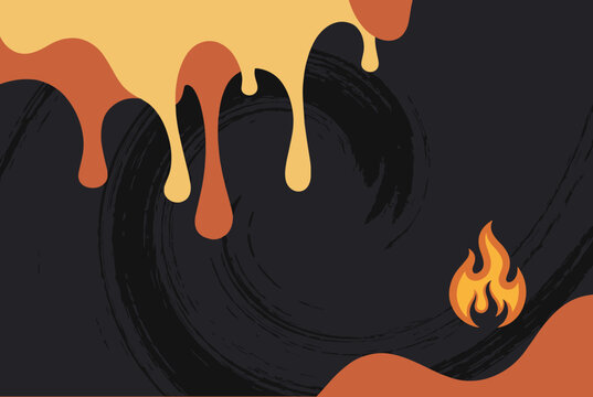 Abstract background featuring melting or dripping orange and yellow liquid shapes with a small fire symbol over dark swirling charcoal textures.