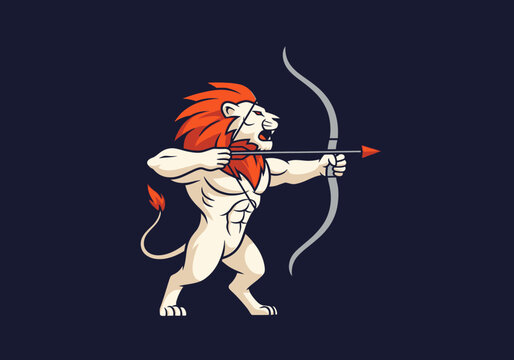 Fierce lion-headed archer with muscular body drawing bow, aiming at target